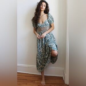 Free People Ellie Printed Dress Floral Boho Smocked Tiered Size Small